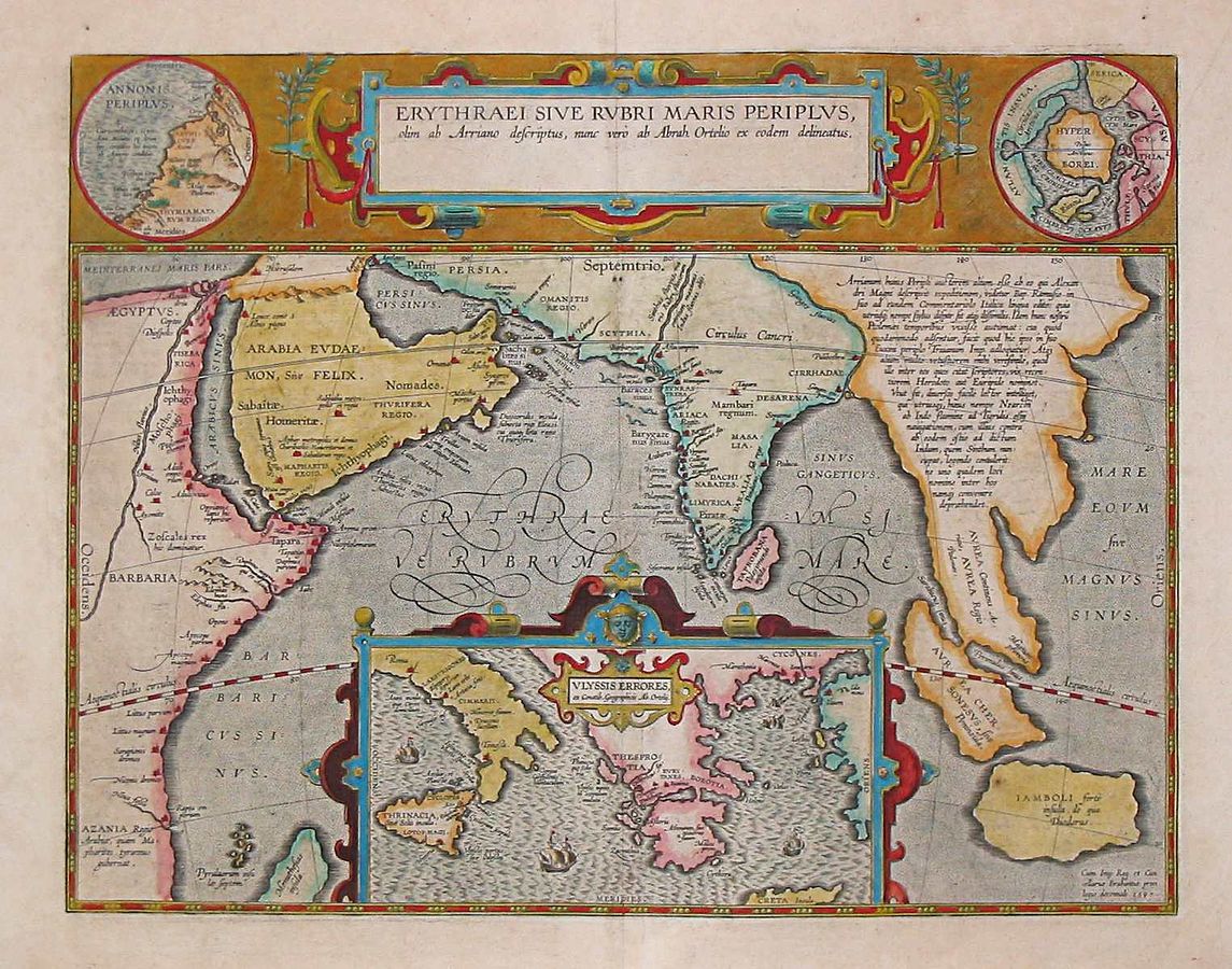 1597 map depicting the locations of the Periplus of the Erythraean Sea. Abraham Ortelius [Public domain]